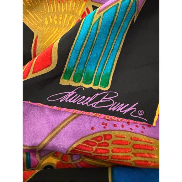 Lauren Burch Vibrant Birds Silk Scarf Multicolor Art Deco Tropical Print Black - Picture 3 of 7